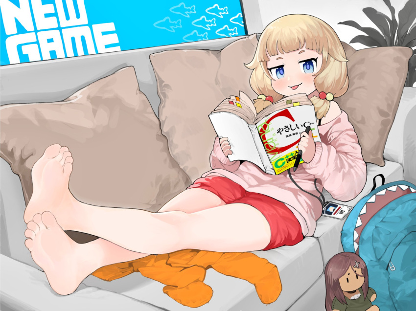 1girl ahagon_umiko animal_bag backpack bag bangs barefoot blonde_hair blue_eyes book character_doll closed_mouth couch cushion doll full_body highres holding holding_book id_card indoors jacket lanyard long_hair looking_at_viewer menthako new_game! open_book pantyhose pantyhose_removed pink_jacket red_shorts sakura_nene shark_bag shorts sitting smile soles solo toes tongue tongue_out twintails