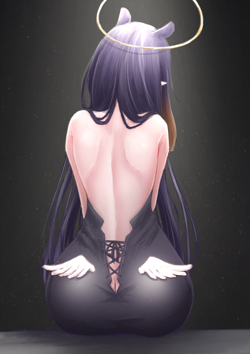 1girl absurdres ass back bare_back black_dress dress gradient_hair halo highres hololive hololive_english long_hair low_wings multicolored_hair ninomae_ina'nis orange_hair pointy_ears purple_hair short_dress sitting solo symbol-only_commentary tanu_(ace_ikachan) tentacle_hair very_long_hair virtual_youtuber wide_hips wings