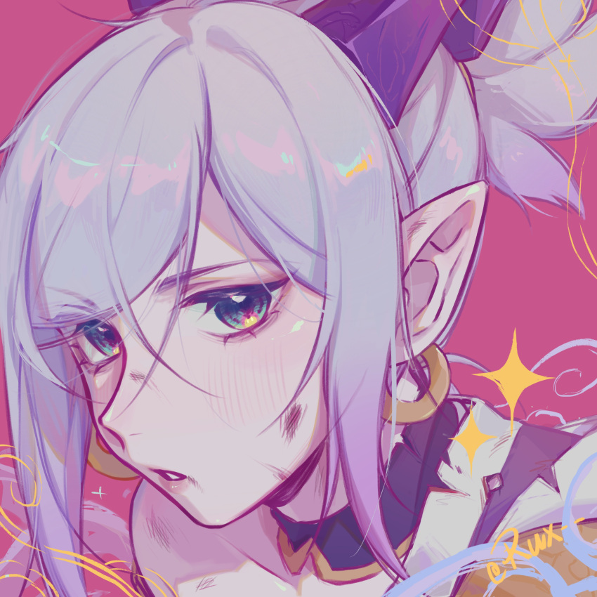 1girl absurdres artist_name bangs blush bruise bruise_on_face character_request earrings green_eyes hair_ornament highres injury jewelry league_of_legends parted_lips pink_background pink_hair pointy_ears ponytail portrait ruan_chen_yue shiny shiny_hair solo spirit_blossom_(league_of_legends) teeth