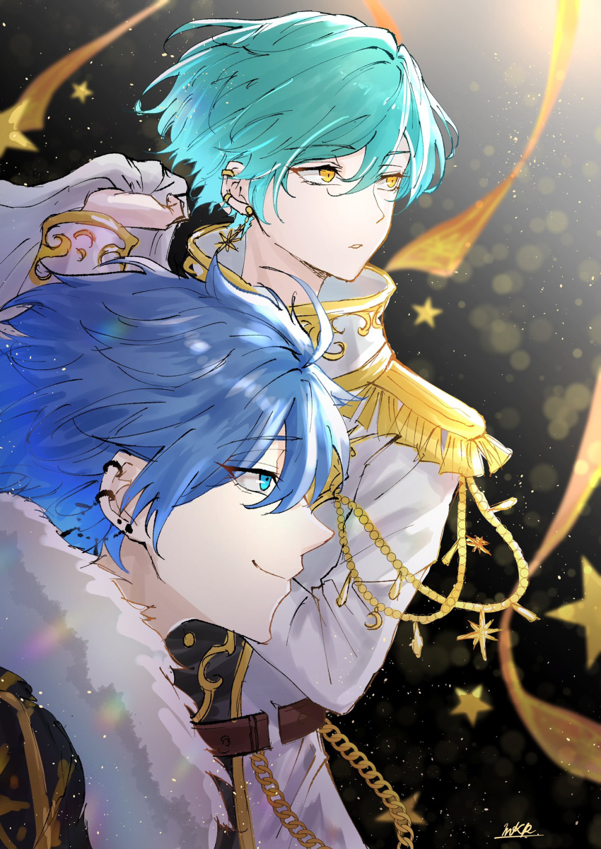 2boys ahoge ainchase_ishmael aqua_hair bishounen blue_eyes blue_hair blurry blurry_background confetti depth_of_field ear_piercing earrings elsword from_side fur highres jewelry lens_flare makura_wet male_focus military military_uniform multiple_boys noah_ebalon piercing profile short_hair star_(symbol) star_earrings uniform yellow_eyes