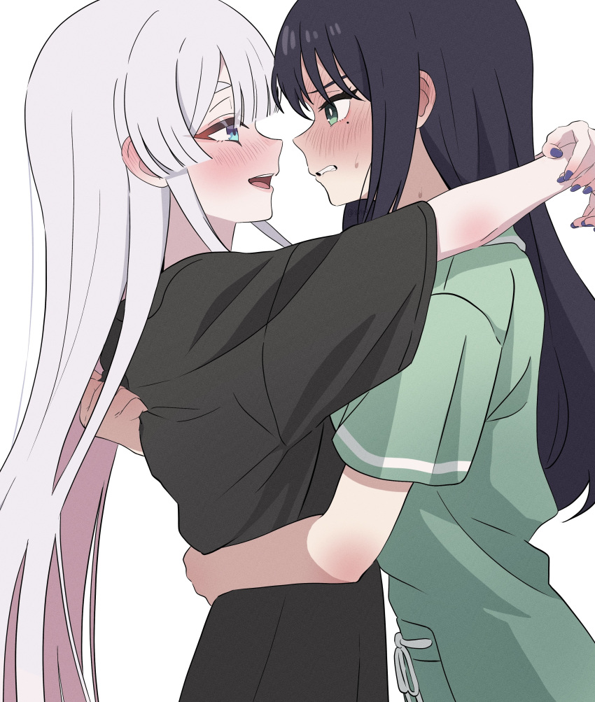 2girls 8xfn0 absurdres arm_around_another's_waist arms_around_neck biting_own_lip black_hair blue_eyes blush cho_kaguya-hime! clothes_grab commentary_request ear_blush eye_contact face-to-face from_side grabbing_another's_shirt green_eyes grey_hair highres long_hair looking_at_another mole mole_under_eye multicolored_hair multiple_girls open_mouth pink_hair profile purple_nails runami_yachiyo sakayori_iroha short_sleeves simple_background smile two-tone_hair upper_body very_long_hair white_background yuri
