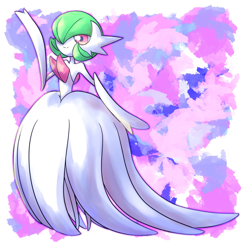1girl absurdres bangs bare_shoulders bob_cut border closed_mouth colored_skin commentary_request dress elbow_gloves flat_chest full_body gardevoir gloves green_hair hair_over_one_eye hand_up happy highres konknock looking_at_viewer mega_gardevoir mega_pokemon one_eye_covered partial_commentary pokemon pokemon_(creature) purple_background purple_outline red_eyes short_hair smile solo split_mouth standing strapless strapless_dress white_border white_dress white_gloves white_skin