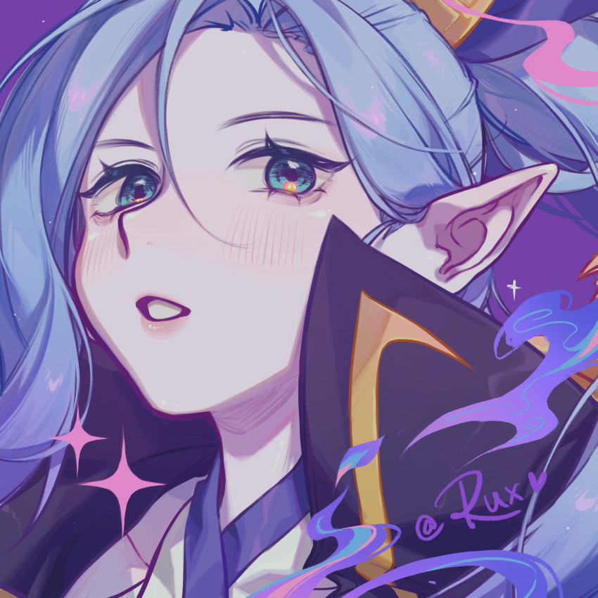 1girl absurdres artist_name bangs blush character_request fire flame green_eyes hair_ornament highres league_of_legends long_hair parted_lips pointy_ears ponytail portrait purple_background ruan_chen_yue shiny shiny_hair simple_background solo spirit_blossom_(league_of_legends) teeth
