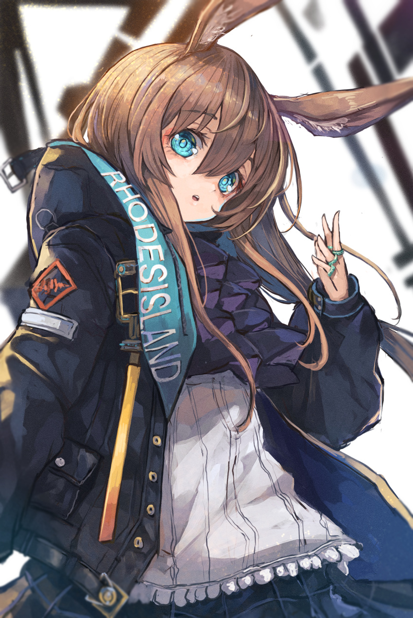 1girl :o amiya_(arknights) animal_ears arknights ascot black_jacket black_skirt blue_ascot blue_eyes clothes_writing hair_between_eyes hand_up highres jacket jewelry long_sleeves looking_at_viewer multiple_rings nyucha open_clothes open_jacket open_mouth plaid plaid_skirt rabbit_ears rabbit_girl ring shirt sidelocks simple_background skirt solo upper_body white_background white_shirt