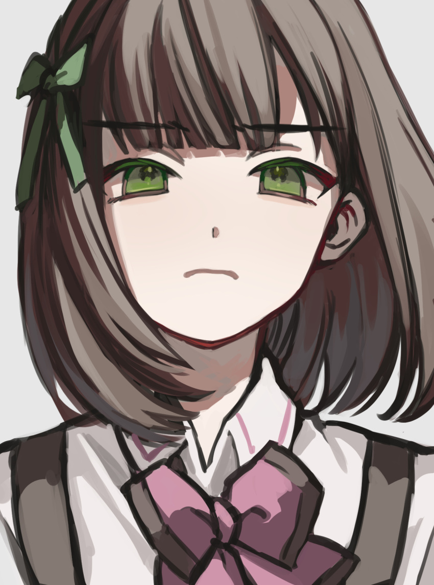 1girl assault_lily bangs blunt_bangs bob_cut bow bowtie brown_hair closed_mouth collared_shirt commentary frown green_bow green_eyes grey_background hair_bow highres looking_at_viewer ludvico_private_girls'_academy_school_uniform pink_bow pink_bowtie portrait saeki_julia_karen school_uniform shirt short_hair simple_background sketch solo suspenders tareko white_shirt