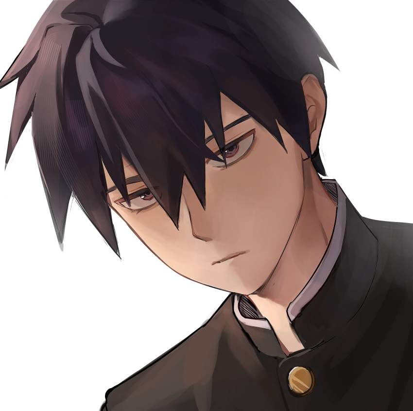 1boy black_jacket closed_mouth commentary_request expressionless hair_between_eyes highres jacket kageyama_ritsu m_psycho_83 male_focus mob_psycho_100 school_uniform simple_background solo white_background