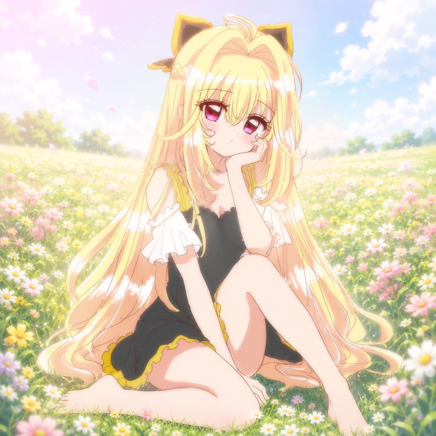 1girl barefoot biwako_(biwa27) black_dress blonde_hair bow commentary_request cure_arcana_shadow day dress expressionless flower grass hair_bow highres long_hair looking_at_viewer meitantei_precure! moria_luluka outdoors pink_eyes precure sitting sky sleeveless sleeveless_dress solo very_long_hair