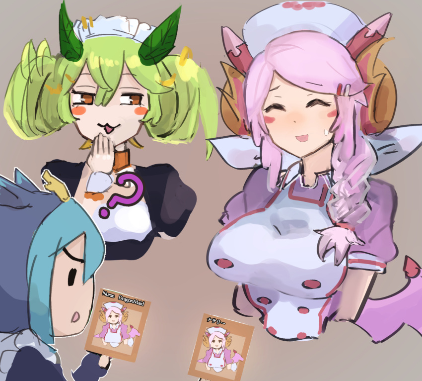 3girls :3 ? blue_hair braid breasts card comparison confused dragon_girl dragon_horns duel_monster english_text gameplay_mechanics giggling green_hair hatano_kiyoshi holding holding_card horns large_breasts laundry_dragonmaid maid multiple_girls nurse nurse_dragonmaid parlor_dragonmaid pink_hair side_braid twintails upper_body yu-gi-oh!