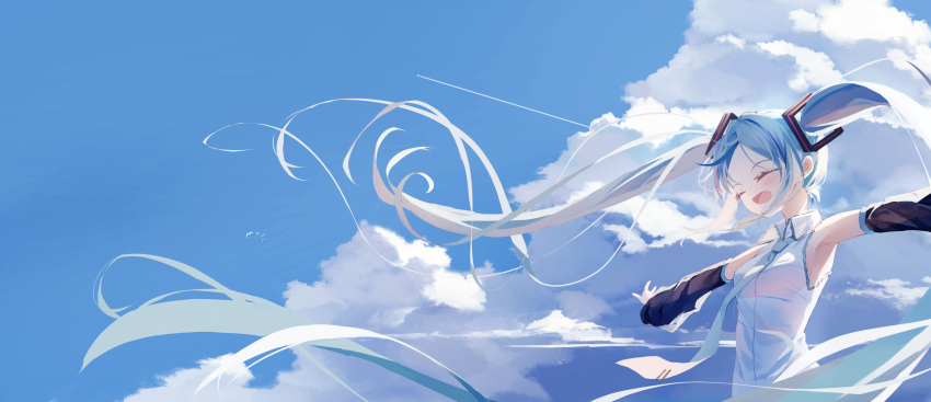 1girl absurdres aqua_hair aqua_necktie armpits bare_shoulders blue_hair blue_sky blush closed_eyes clouds cloudy_sky cumulonimbus_cloud detached_sleeves hatsune_miku highres long_hair multicolored_hair necktie open_mouth outstretched_arms shun'ya_(daisharin36) sky smile solo spread_arms twintails very_long_hair vocaloid wind