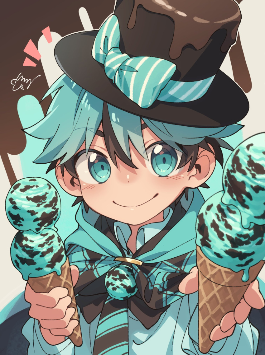 1boy bangs blue_cape blue_eyes blue_hair cape child commentary_request dessert double_scoop food hair_between_eyes hat highres holding holding_food ice_cream incoming_food incoming_gift keitomato long_sleeves male_child male_focus necktie original ribbon short_hair smile striped striped_necktie striped_ribbon sweets top_hat