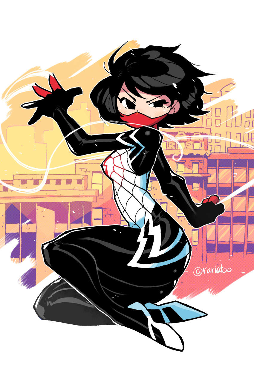 1girl absurdres bangs black_eyes black_hair bodysuit breasts city cityscape english_commentary full_body highres looking_at_viewer marvel mask medium_breasts mouth_mask rariatto_(ganguri) short_hair silk silk_(marvel) solo spider-man_(series) spider_web spider_web_print superhero swept_bangs swinging twitter_username