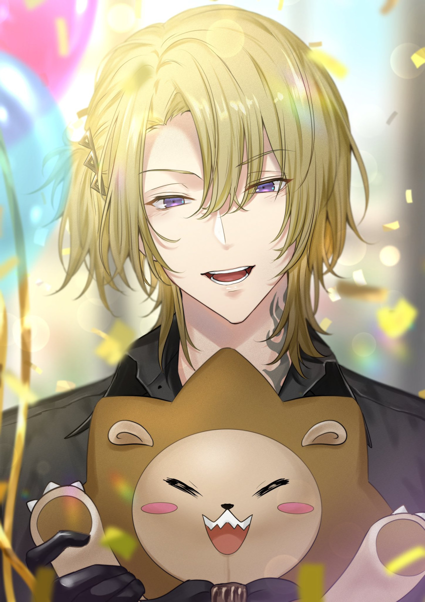 1boy bishounen black_gloves black_shirt blonde_hair blurry blurry_background bokeh bubble confetti depth_of_field gloves highres holding holding_stuffed_toy lens_flare long_sleeves luca_kaneshiro makura_wet male_focus nijisanji nijisanji_en open_mouth shirt short_hair short_sidetail solo sparkle stuffed_toy tattoo tattoo_on_neck violet_eyes virtual_youtuber