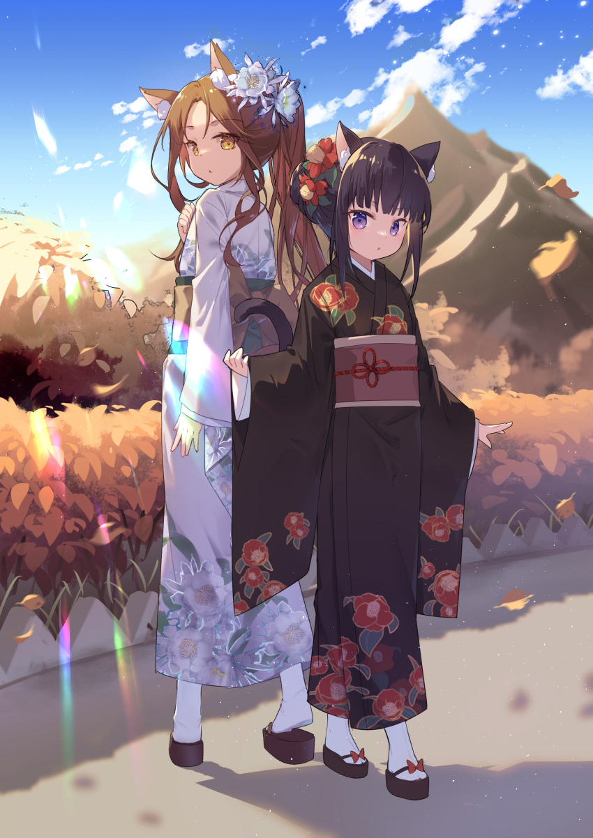 2girls absurdres animal_ear_fluff animal_ears bangs black_footwear black_hair black_kimono blush brown_eyes brown_hair cat_ears cat_girl cat_tail commentary_request day english_text floral_print flower fox_ears fox_girl full_body hair_flower hair_ornament highres japanese_clothes kimono long_hair long_sleeves looking_at_viewer looking_back mo_(pixiv9929995) mountain multiple_girls obi original outdoors parted_bangs parted_lips ponytail print_kimono red_flower sash sleeves_past_wrists socks tabi tail violet_eyes watermark white_flower white_kimono white_socks wide_sleeves zouri