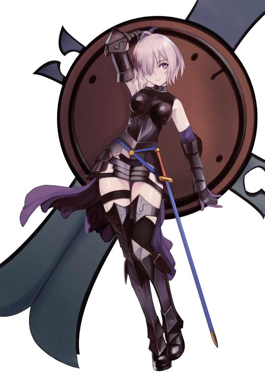 1girl absurdres armor armored_boots armored_leotard black_leotard boots elbow_gloves fate/grand_order fate_(series) faulds full_body gauntlets gloves hair_over_one_eye highres holding holding_shield leotard mash_kyrielight parted_lips pink_eyes pink_hair purple_gloves sheath sheathed shield shiny shiny_hair shiny_skin short_hair simple_background smile solo standing straight_hair sword thigh_boots thigh_strap viktorf weapon white_background