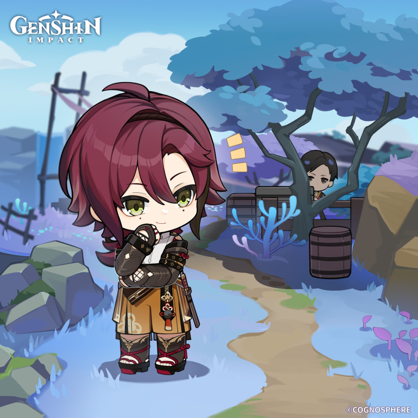 2boys absurdres armor barrel black_hair chibi closed_mouth clouds day english_commentary genshin_impact green_eyes highres japanese_armor japanese_clothes kote kurokote logo male_focus multicolored_hair multiple_boys notice_lines official_art outdoors ponytail redhead rock shikanoin_heizou sky standing streaked_hair tree