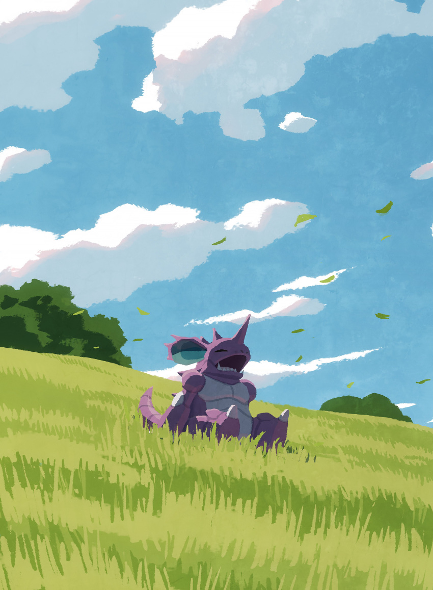 absurdres blue_sky claws closed_eyes clouds day fangs grass highres horns hyogonosuke leaf nidoking no_humans open_mouth outdoors pokemon pokemon_(creature) single_horn sitting sky sleeping sleeping_upright solo