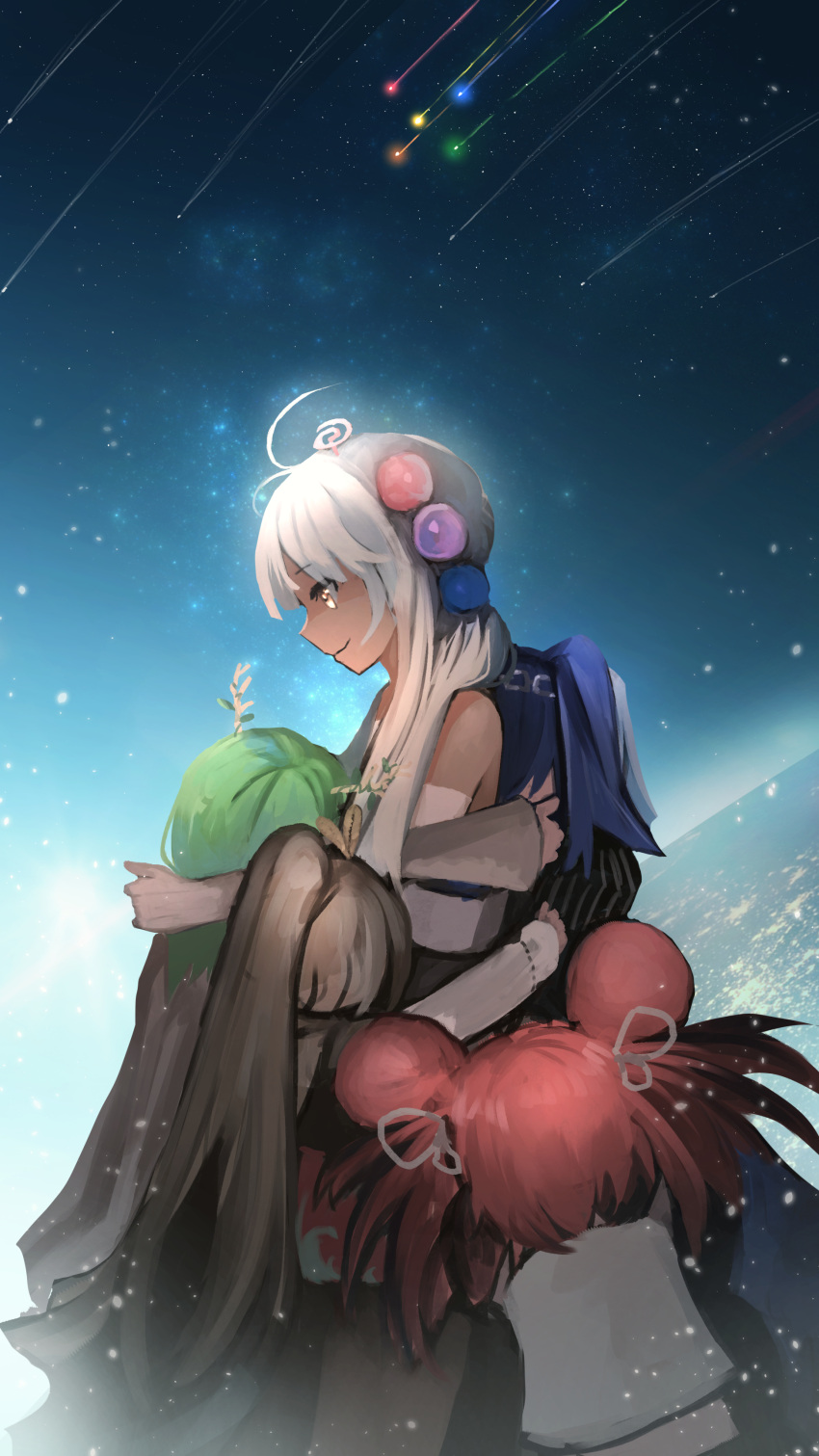 absurdres animal_ears anonamos antlers bangs black_hair blonde_hair blue_hair branch brown_hair ceres_fauna dark-skinned_female dark_skin elbow_gloves gloves green_hair group_hug hair_ornament hakos_baelz highres holocouncil hololive hololive_english hug limiter_(tsukumo_sana) long_hair mouse_ears mouse_girl multicolored_hair multiple_girls nanashi_mumei ouro_kronii planet_hair_ornament ponytail redhead shooting_star short_hair smile space star_(sky) tsukumo_sana twintails very_long_hair virtual_youtuber white_hair