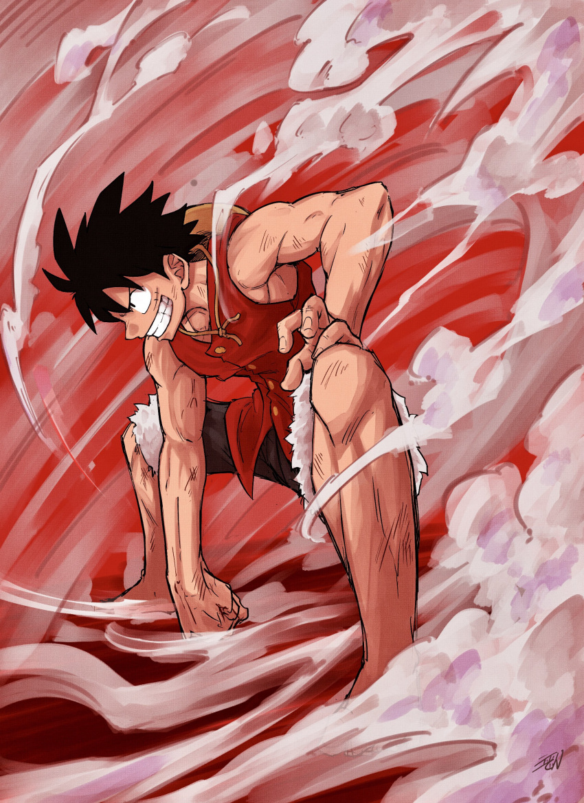 1boy absurdres black_hair clenched_hand commentary_request fantasy feet_out_of_frame from_side grin hand_on_leg hat highres liedein male_focus monkey_d._luffy muscular muscular_male one_piece scar shirt short_hair shorts smile smoke solo spread_legs straw_hat teeth
