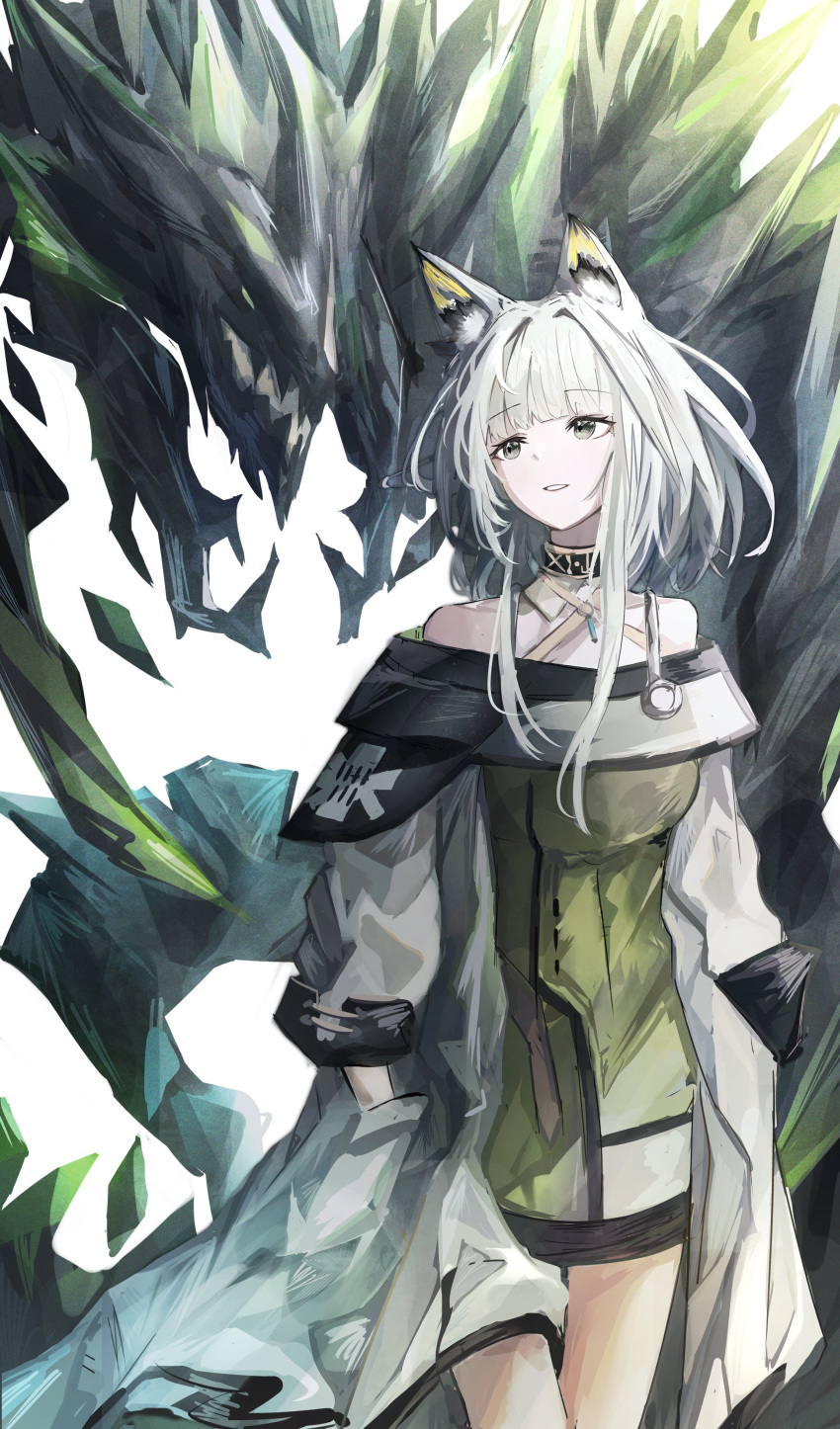 1girl absurdres animal_ear_fluff animal_ears arknights bangs bare_shoulders black_choker cat_ears cat_girl choker dress green_dress green_eyes green_hair hair_intakes hand_in_pocket highres jacket kal'tsit_(arknights) long_hair mon3tr_(arknights) o-ring off-shoulder_dress off_shoulder sidelocks sikinose_val stethoscope white_jacket