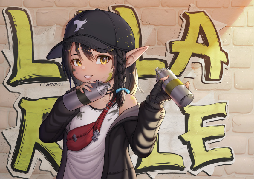 1girl andonoz avatar_(ff14) bangs baseball_cap black_hair braid commission english_commentary final_fantasy final_fantasy_xiv fingerless_gloves gloves graffiti hat highres lalafell looking_at_viewer paint_on_clothes paint_splatter paint_splatter_on_face pointy_ears short_hair smile solo upper_body yellow_eyes