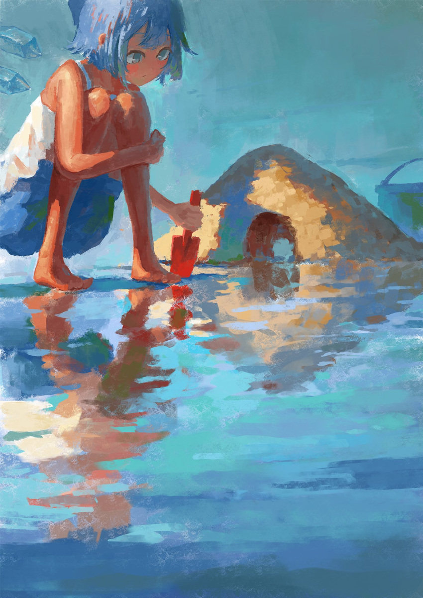 1girl bangs bare_shoulders barefoot blue_bow blue_eyes blue_hair blue_shorts blue_sky blush bow bucket cirno closed_mouth fjsmu hands_up highres ice ice_wings looking_down reflection sand sand_castle sand_sculpture shirt short_hair shorts sky sleeveless sleeveless_shirt solo t-shirt tan tanned_cirno touhou water white_shirt wings