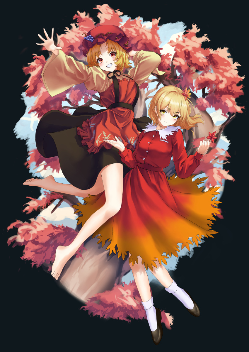 2girls absurdres aki_minoriko aki_shizuha apron arm_behind_head autumn_leaves bangs barefoot black_footwear black_ribbon black_skirt blonde_hair buttons commentary dress frilled_apron frills full_body gradient_dress grape_hat_ornament grey_shirt grin hair_ornament hat hayate98041356 highres holding holding_leaf leaf leaf_hair_ornament legs long_hair long_sleeves looking_at_viewer medium_hair mob_cap multiple_girls orange_dress outstretched_arm parted_bangs red_apron red_dress red_eyes red_headwear ribbon shirt shoes siblings sisters skirt smile socks touhou tree white_socks yellow_eyes