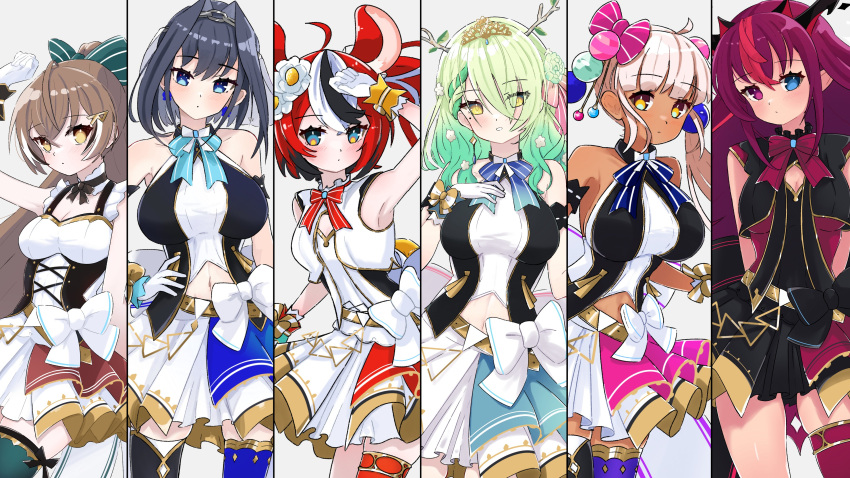 6+girls absurdres ahoge animal_ears antlers arm_up armlet bangs belt black_bow black_gloves black_hair black_skirt blonde_hair blue_eyes blue_hair blue_ribbon bodice bow bow_earrings bow_skirt braid braided_bangs branch brown_eyes brown_hair ceres_fauna clothing_cutout corset dark-skinned_female dark_skin detached_collar dress earrings flower frilled_dress frilled_straps frills gloves green_ribbon hair_flower hair_intakes hair_ornament hair_over_one_eye hair_ribbon hairclip hakos_baelz halter_top halterneck hand_on_own_chest heterochromia highres holocouncil hololive hololive_english hololive_idol_uniform idol_clothes irys_(hololive) jewelry layered_skirt long_hair looking_at_viewer magui3 miniskirt mole mole_under_eye mouse_ears mouse_girl mouse_tail multicolored_hair multiple_girls nanashi_mumei navel navel_cutout official_alternate_costume ouro_kronii planet_hair_ornament ponytail red_ribbon redhead ribbon short_hair skirt skirt_set sleeveless streaked_hair tail thigh-highs tsukumo_sana twintails very_long_hair violet_eyes virtual_youtuber white_bow white_gloves white_hair white_skirt wrist_cuffs yellow_eyes