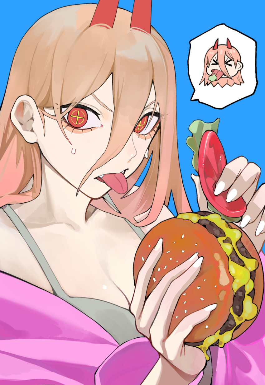 +_+ 1girl blonde_hair blue_background breasts burger chainsaw_man demon_girl demon_horns food hair_between_eyes highres horns long_hair open_mouth power_(chainsaw_man) red_eyes red_horns sailen0 sharp_teeth shirt simple_background solo teeth