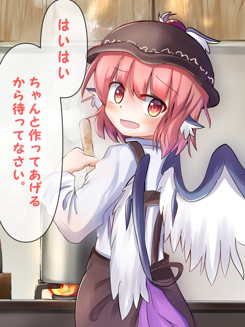 1girl animal_ears apron bird_ears bird_wings blush brown_apron brown_headwear cooking cooking_pot hair_between_eyes highres long_sleeves mystia_lorelei open_mouth pink_eyes pink_hair safupara_(crnsrd65) shirt short_hair solo speech_bubble touhou translation_request white_shirt white_wings winged_hat wings