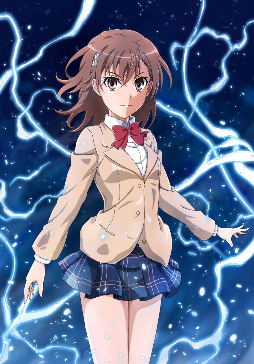 1girl absurdres bangs blazer bow bowtie brown_eyes brown_hair cameron_(pawoo) closed_mouth collared_shirt cowboy_shot dress_shirt electricity floating_hair flower grey_skirt hair_between_eyes hair_flower hair_ornament highres jacket long_hair long_sleeves looking_at_viewer miniskirt misaka_mikoto plaid plaid_skirt pleated_skirt red_bow red_bowtie school_uniform shiny shiny_hair shirt skirt smile solo standing straight_hair toaru_kagaku_no_railgun toaru_majutsu_no_index tokiwadai_school_uniform white_flower white_shirt wing_collar