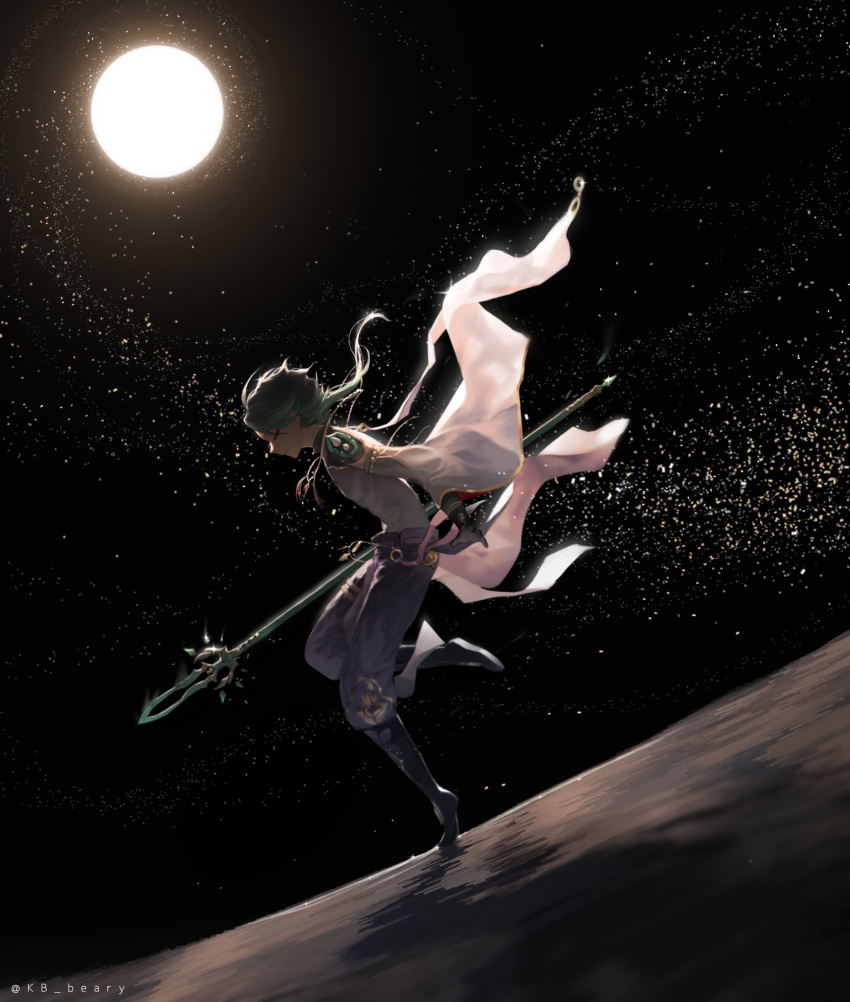 1boy bead_necklace beads black_hair closed_eyes from_side full_moon genshin_impact gloves green_hair highres holding holding_polearm holding_weapon jewelry kb_beary leg_up male_focus moon multicolored_hair necklace night outdoors polearm primordial_jade_winged-spear_(genshin_impact) sky solo spear water weapon xiao_(genshin_impact)