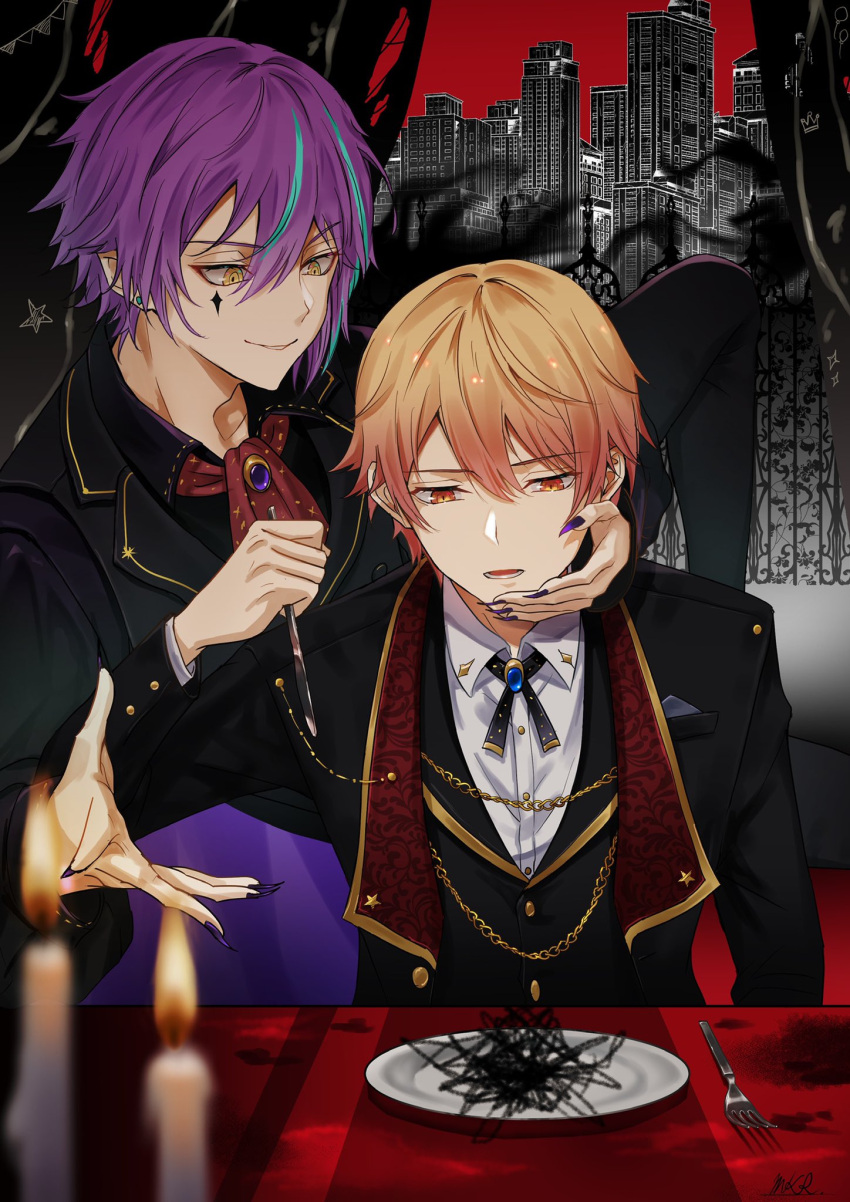2boys aqua_hair bangs bishounen blurry buttons candle closed_eyes collared_shirt depth_of_field earrings facial_mark fork hand_on_another's_face highres holding holding_knife jewelry kamishiro_rui knife makura_wet male_focus multicolored_hair multiple_boys orange_hair plate project_sekai purple_hair purple_nails shinonome_akito shirt short_hair smile swept_bangs