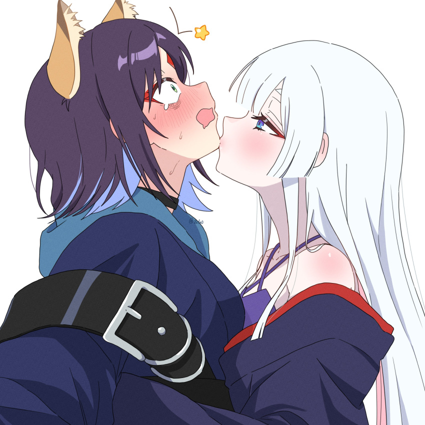 2girls 8xfn0 absurdres animal_ear_fluff animal_ears bare_shoulders black_choker black_hair blue_eyes blue_hair blush cho_kaguya-hime! choker collarbone commentary_request drooling forehead_jewel fox_ears from_side green_eyes grey_hair halterneck highres hug kiss kissing_chin long_hair looking_at_another looking_up multicolored_eyes multicolored_hair multiple_girls open_mouth pink_hair profile runami_yachiyo sakayori_iroha short_hair simple_background star_(symbol) sweat tearing_up two-tone_hair violet_eyes white_background yuri