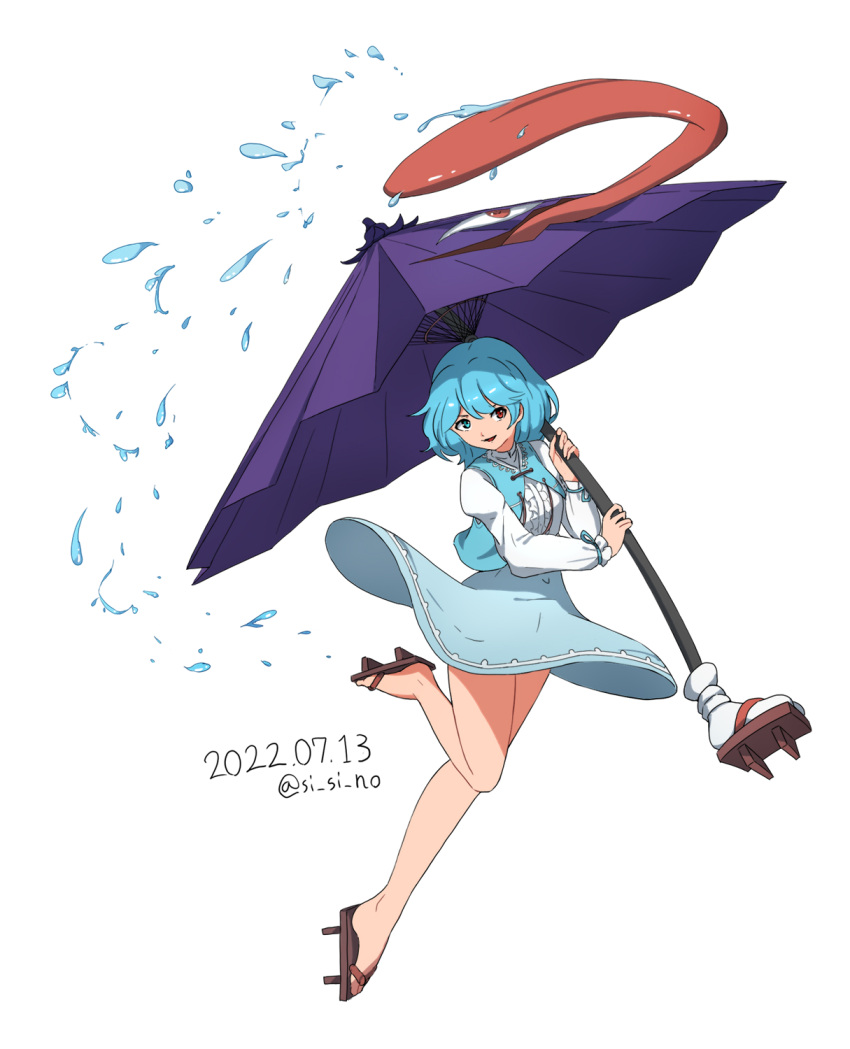 1girl bangs blue_eyes blue_hair blue_skirt blue_vest dated full_body geta heterochromia highres holding holding_umbrella karakasa_obake long_sleeves looking_at_viewer purple_umbrella red_eyes shirt shishi_osamu short_hair simple_background skirt smile solo tatara_kogasa tongue touhou twitter_username umbrella vest water_drop white_background white_shirt