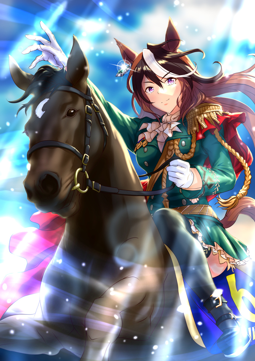 1girl absurdres aiguillette ascot black_thighhighs brown_hair cape cheesecake_(artist) commentary_request creature_and_personification diffraction_spikes earrings epaulettes fine_art_parody frilled_skirt frills glint gloves gold_trim green_skirt highres horse_girl horseback_riding jewelry light_rays long_hair medal miniskirt multicolored_hair namesake napoleon_crossing_the_alps parody partial_commentary real_life red_cape riding single_earring single_epaulette skirt symboli_rudolf_(racehorse) symboli_rudolf_(umamusume) thigh-highs umamusume violet_eyes white_gloves white_hair