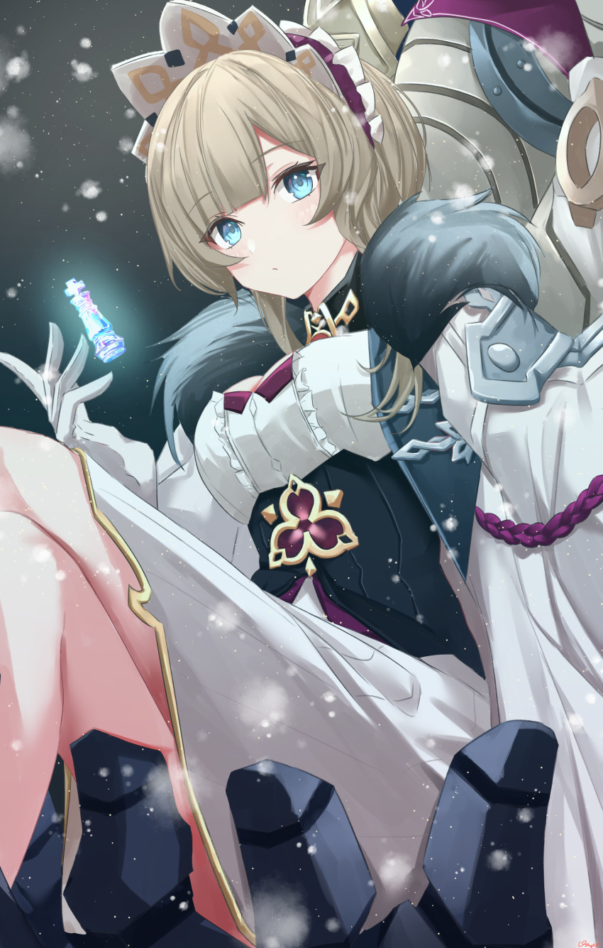 1girl absurdres blue_eyes breasts brown_hair chess_piece closed_mouth coat dress expressionless fur-trimmed_coat fur_trim genshin_impact headdress highres king_(chess) long_coat looking_at_viewer medium_breasts sandrone_(genshin_impact) short_hair_with_long_locks sitting solo underbust vayneeeee white_coat white_dress