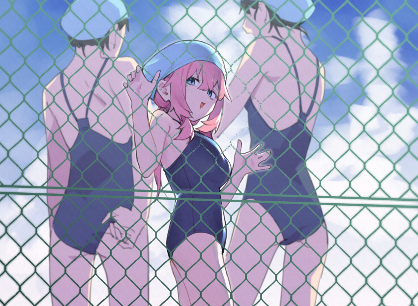 3girls breasts character_request clouds copyright_request fence green_eyes highres large_breasts looking_at_viewer looking_back multiple_girls pink_hair ponytail school_swimsuit seitokainoana sky swimsuit