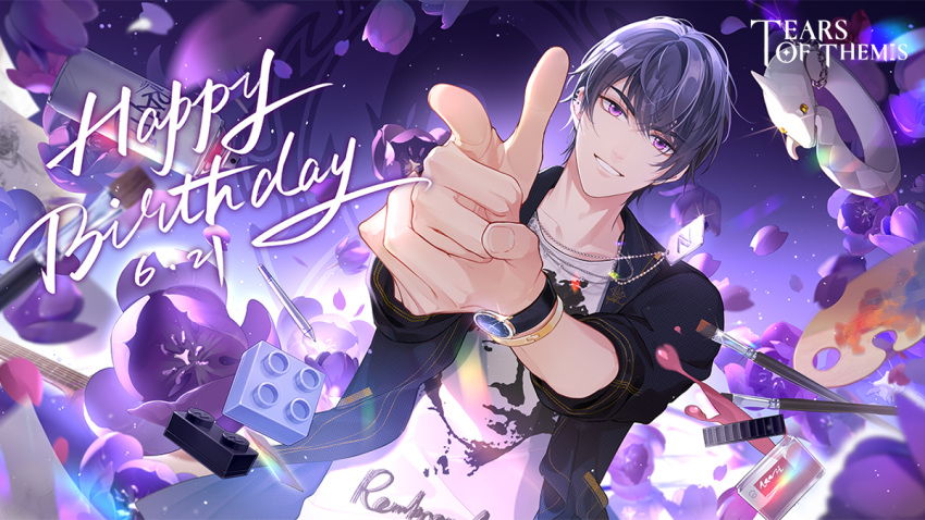 1boy :d bang_(gesture) bangs black_jacket brush dog_tags dress earrings finger_gun grin happy_birthday jacket jewelry looking_at_viewer marius_von_hagen_(tears_of_themis) necklace official_art open_mouth palette_(object) pointing pointing_at_viewer purple_dress shirt short_hair sleeves_rolled_up smile solo tears_of_themis teeth violet_eyes watch watch white_shirt