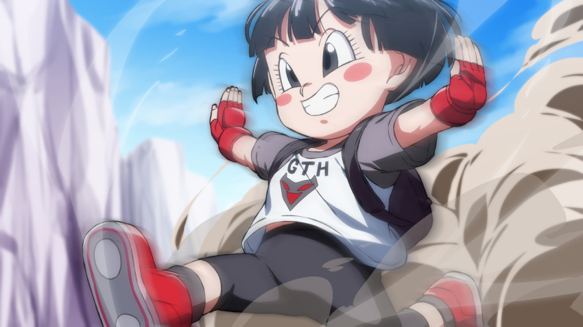 1girl black_hair black_shorts blue_sky blush_stickers child dragon_ball dragon_ball_super dragon_ball_super_super_hero female_child fingerless_gloves gloves grey_eyes grin pan_(dragon_ball) red_footwear red_gloves rom_(20) running shirt shorts sky smile smoke solo