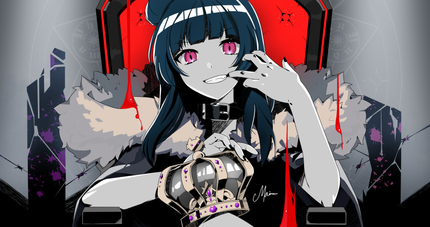 1girl absurdres artist_request bangs black_collar black_nails blue_hair coat collar crown crown_removed dark_blue_hair finger_in_own_mouth fur-trimmed_coat fur_trim hair_bun highres holding holding_crown king_(vocaloid) limited_palette long_hair looking_at_viewer love_live! love_live!_sunshine!! parody red_eyes signature single_hair_bun single_side_bun smile solo straight-on throne tsushima_yoshiko
