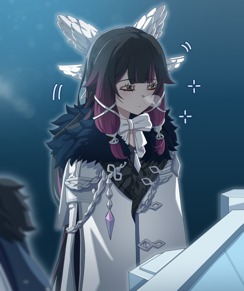 1girl absurdres bangs black_hair blunt_bangs closed_eyes coat columbina_(genshin_impact) drawn_on_eyes fur-trimmed_coat fur_trim genshin_impact hayarob highres long_hair multicolored_hair nose_bubble purple_hair sleeping sleeping_upright solo standing streaked_hair two-tone_hair white_coat wing_hair_ornament