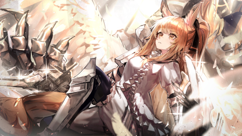 1girl absurdres animal_ear_fluff animal_ears arknights backlighting bangs black_bow black_pantyhose blemishine_(arknights) blonde_hair bloomers bow breasts claws closed_mouth dress dutch_angle frilled_dress frills gauntlets hair_bow highres holding holding_sword holding_weapon horse_ears lens_flare libiadan medium_breasts one_knee pantyhose pegasus ponytail shield shin_guards solo sparkle sword underwear weapon white_dress yellow_eyes