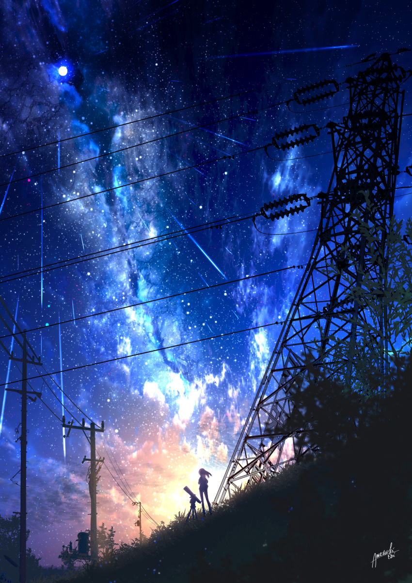 1girl amatsuki_rei blue_sky highres long_hair night original power_lines scenery shooting_star sky space star_(sky) star_(symbol) starry_sky telescope transmission_tower