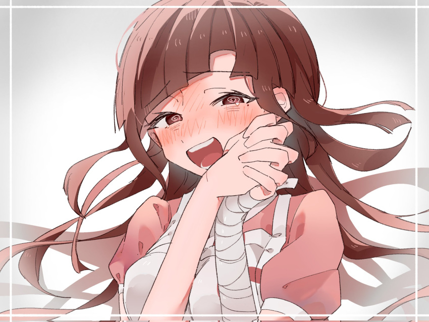 1girl apron bandaged_arm bandages bangs blush breasts brown_hair danganronpa_(series) danganronpa_2:_goodbye_despair gradient gradient_background grey_background highres medium_breasts mole mole_under_eye open_mouth own_hands_together parted_lips pink_shirt puffy_short_sleeves puffy_sleeves rinnemu shiny shiny_hair shirt short_sleeves solo symbol-only_commentary teeth tongue tsumiki_mikan upper_body wavy_hair white_apron