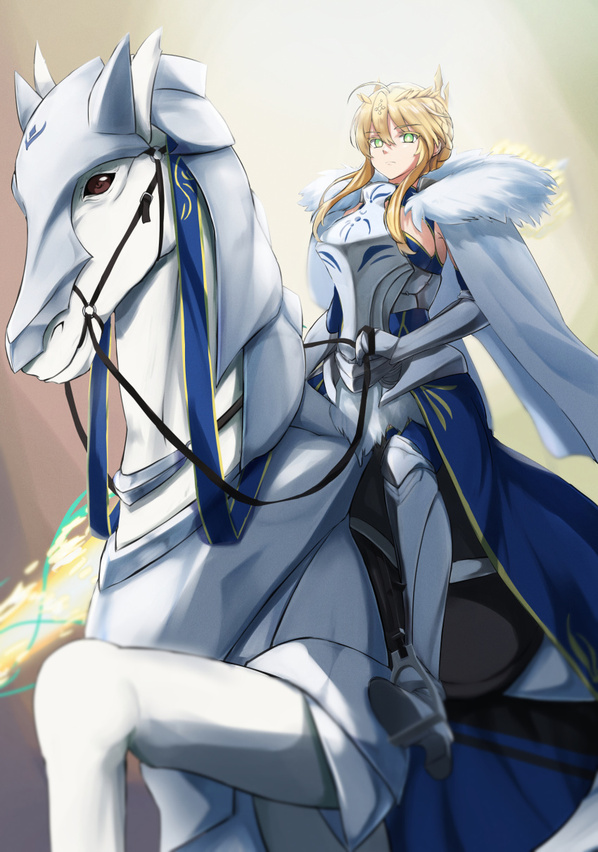 1girl absurdres armor artoria_pendragon_(fate) artoria_pendragon_(lancer)_(fate) blonde_hair braid breastplate breasts cape crown_braid dun_stallion_(fate) eyebrows_hidden_by_hair fate/grand_order fate_(series) fur_trim glowing glowing_eyes green_eyes highres holding holding_polearm holding_weapon horse horseback_riding large_breasts polearm revealing_clothes rhongomyniad_(fate) riding solo spear weapon white_cape yoo_tenchi