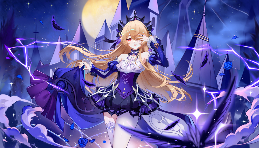 1girl absurdres asymmetrical_legwear bangs bare_shoulders blonde_hair castle detached_sleeves dress feathers fischl_(ein_immernachtstraum)_(genshin_impact) fischl_(genshin_impact) genshin_impact highres long_hair long_sleeves looking_at_viewer moon official_alternate_costume parted_lips purple_dress red_eyes sheya smile solo thigh-highs thighs white_thighhighs