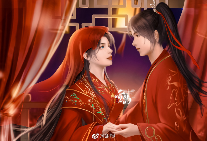 1boy 1girl bride brown_hair chinese_clothes couple curtains doupo_cangqiong dress eye_contact groom hetero highres holding_hands indoors lantern long_hair long_sleeves looking_at_another night night_sky paper_lantern ponytail railing red_dress second-party_source sky sky_lantern upper_body veil wedding wedding_dress wide_sleeves yun_yun_(doupo_cangqiong) zai_ni_er_bian_bie_zhi_hua