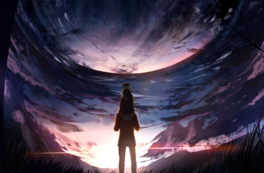 1boy 1girl black_pants bow brown_jacket carrying commentary darkzmonsty english_commentary facing_away from_behind hair_bow highres hood hood_down jacket long_hair mountain outdoors pants rin_(shelter) shelter_(music_video) shigeru_(shelter) shoulder_carry sky standing sunrise white_bow