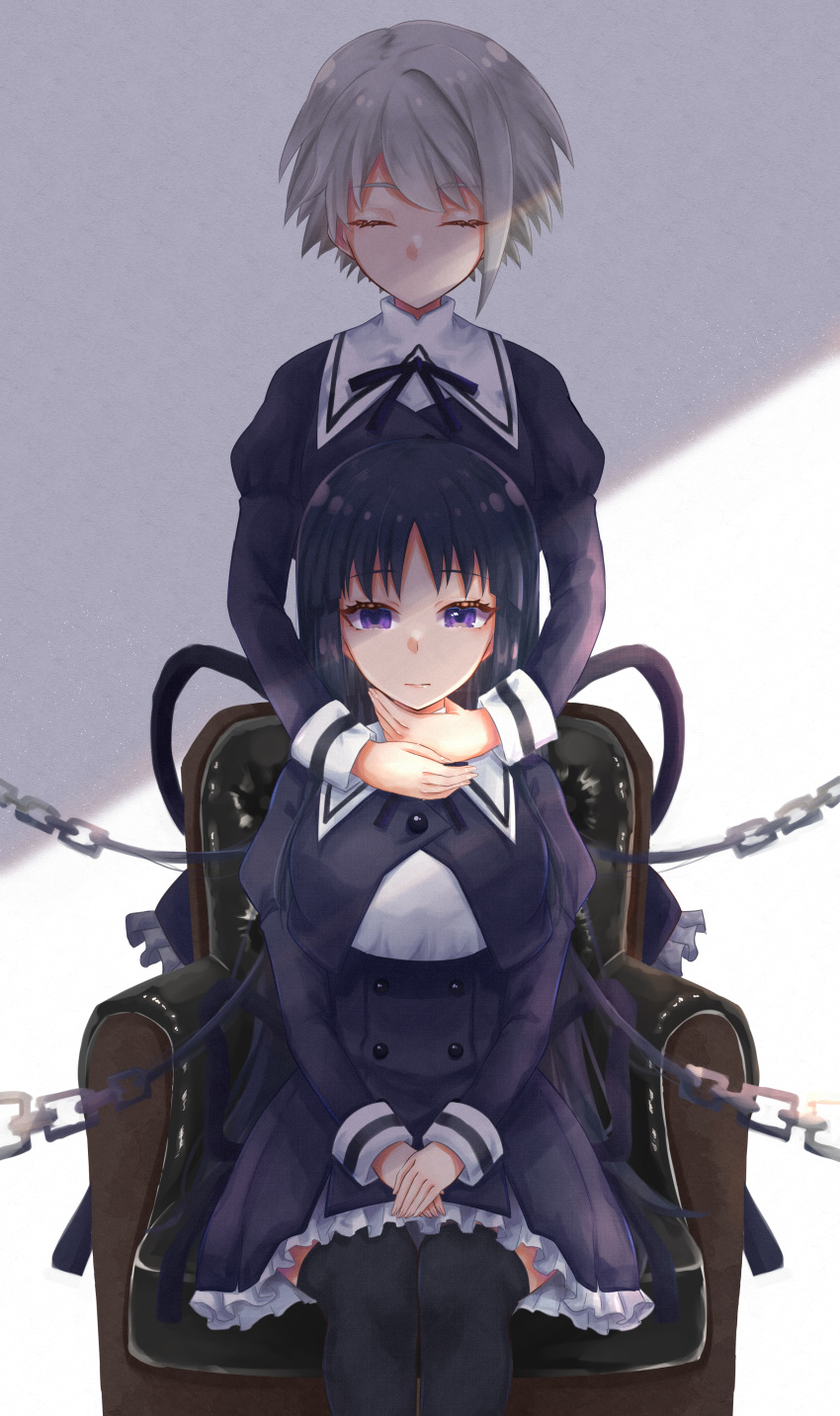 2girls absurdres armchair assault_lily bangs behind_another black_hair black_ribbon black_skirt black_thighhighs breasts buttons chain chained chair closed_eyes closed_mouth commentary_request cropped_jacket expressionless facing_viewer grey_background grey_hair hand_on_another's_neck hands_on_lap hands_up high-waist_skirt highres juliet_sleeves kawazoe_misuzu light_particles long_hair long_sleeves looking_at_viewer medium_breasts miniskirt multiple_girls neck_ribbon no_mouth on_chair puffy_sleeves ribbon school_uniform shade shirai_yuyu shirt short_hair sitting skirt standing thigh-highs two-tone_background very_long_hair violet_eyes white_background white_shirt yozakurayuyu yurigaoka_girls_academy_school_uniform