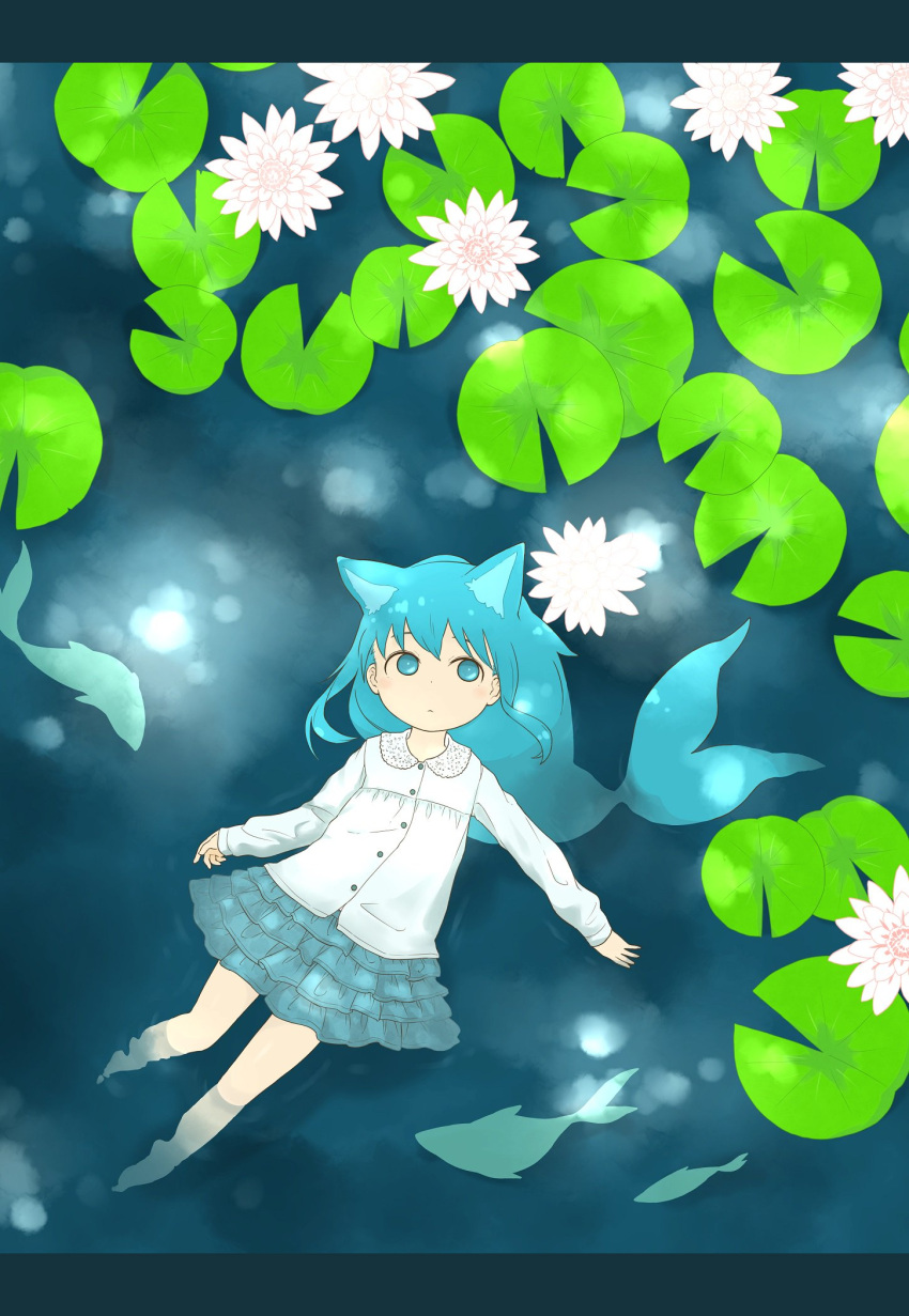 1girl afloat animal animal_ears blue_eyes blue_hair blue_skirt buttons cat_ears closed_mouth collared_shirt diode_(0_division) fins fish flower frilled_skirt frills full_body highres lily_(flower) lily_pad long_sleeves looking_to_the_side no_shoes original outdoors pond shirt skirt solo white_flower white_shirt